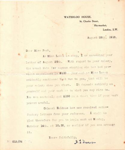 2 WW1 Peck, Alice Letter of employment 1918