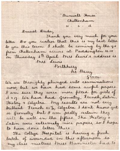 Letter from pupil Elsie Mason to her father 31 March 1916 p1